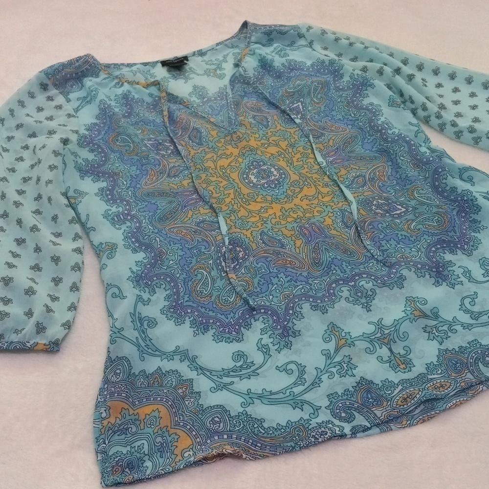 Ann Taylor Aqua and Lavender Paisley Print Boho Sheer Peasant Blouse - Picture 10 of 14